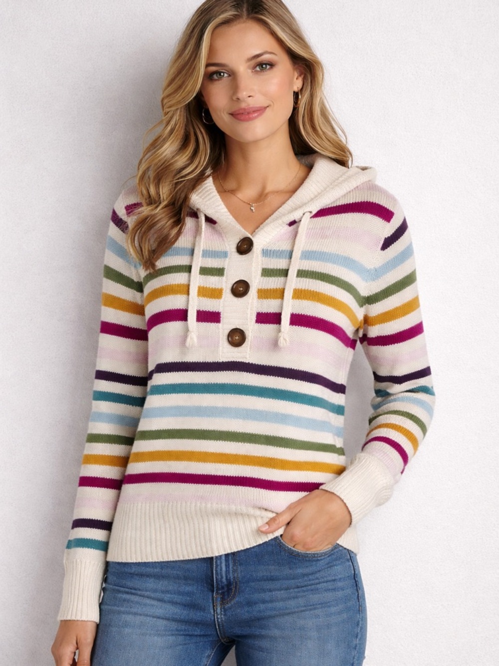Aeropostale Cream Multicolor Striped Hooded Sweater